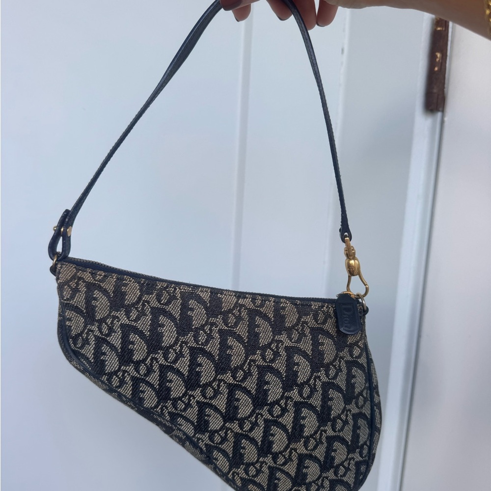 Authentic Vintage Christian Dior Oblique Saddle Bag Navy Blue Gold Hardware - Picture 5 of 11